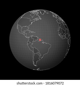 Dark globe centered on Suriname. Country highlighted with red color on world map. Satellite world projection. Modern vector illustration.