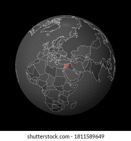 Dark globe centered on Syria. Country highlighted with red color on world map. Satellite world projection. Superb vector illustration.
