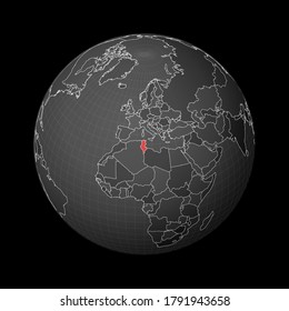 Dark globe centered on Tunisia. Country highlighted in red on a world map. Satellite world projection. Authentic vector illustration.