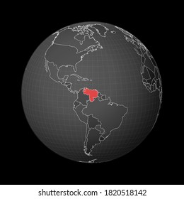Dark globe centered on Venezuela. Country highlighted with red color on world map. Satellite world projection. Modern vector illustration.