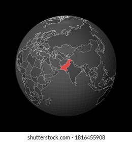 Dark globe centered to Pakistan. Country highlighted with red color on world map. Satellite world projection. Classy vector illustration.