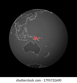 Dark globe centered to Papua New Guinea. Country highlighted with red color on world map. Satellite world projection. Modern vector illustration.