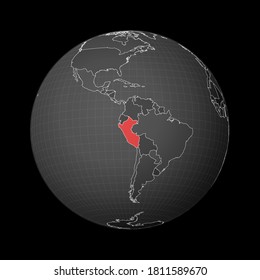 Dark globe centered to Peru. Country highlighted with red color on world map. Satellite world projection. Creative vector illustration.