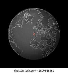 Dark globe centered to Portugal. Country highlighted with red color on world map. Satellite world projection. Stylish vector illustration.