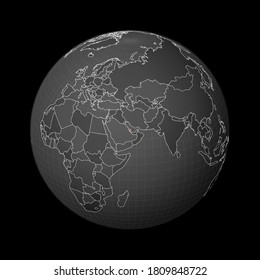 Dark globe centered to Qatar. Country highlighted with red color on world map. Satellite world projection. Vibrant vector illustration.