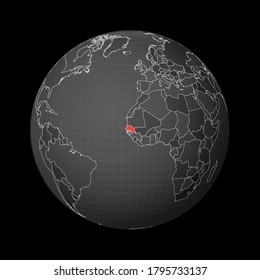 Dark globe centered to Senegal. Country highlighted with red color on world map. Satellite world projection. Awesome vector illustration.
