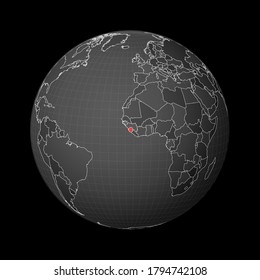 Dark globe centered to Sierra Leone. Country highlighted with red color on world map. Satellite world projection. Captivating vector illustration.