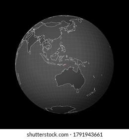 Dark globe centered to Timor-Leste. Country highlighted with red color on world map. Satellite world projection. Astonishing vector illustration.