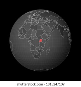 Dark globe centered to Uganda. Country highlighted with red color on world map. Satellite world projection. Charming vector illustration.