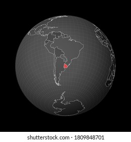 Dark Globe Centered To Uruguay. Country Highlighted With Red Color On World Map. Satellite World Projection. Cool Vector Illustration.