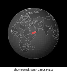 Dark globe centered to Yemen. Country highlighted with red color on world map. Satellite world projection. Radiant vector illustration.