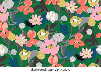 dark gloomy autumn floral pattern with brush strokes of paint