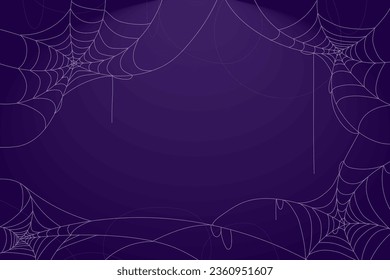 Dark gloomy background with cobwebs. Scary Halloween symbol isolated on purple wall. Vector illustration of a thin white spider web. The concept of a scary autumn festival, old age and abandonment.