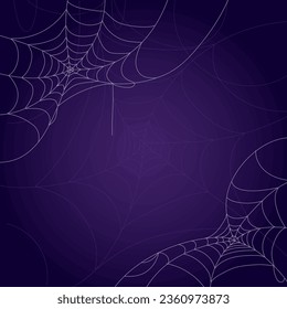 Dark gloomy background with cobwebs. Scary Halloween symbol isolated on purple wall. Vector illustration of a thin white spider web. The concept of a scary autumn festival, old age and abandonment.