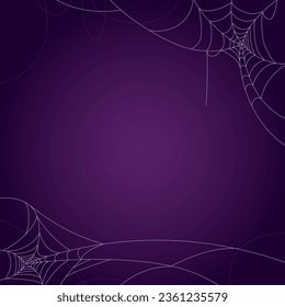 Dark gloomy background with cobwebs. Scary Halloween symbol isolated on purple wall. Vector illustration of a thin white spider web. The concept of a scary autumn festival, old age and abandonment.