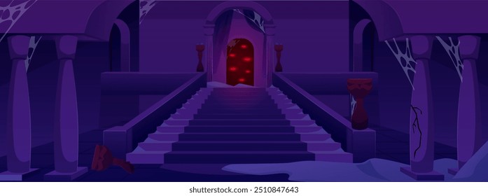 Dark gloomy dungeon with evil spirits with red eyes. An old abandoned castle with cobwebs, a long staircase, columns and vases. Scary atmosphere. Cartoon style. Horizontal banner. Vector illustration.