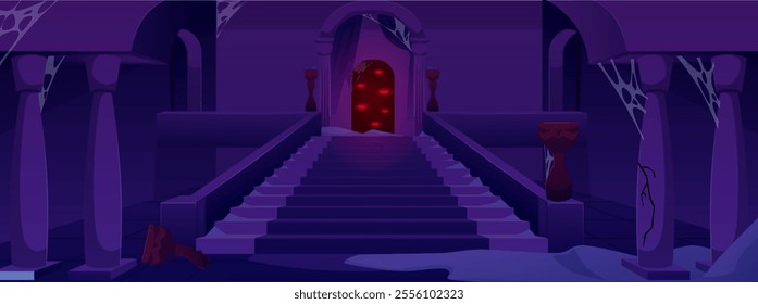 Dark gloomy dungeon with evil spirits with red eyes. An old abandoned castle with cobwebs, a long staircase, columns and vases. Scary atmosphere. Cartoon style. Horizontal banner. Vector illustration.