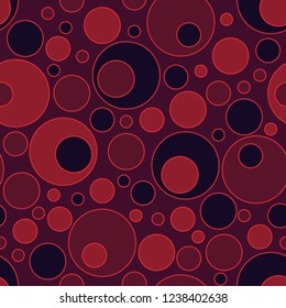 Dark and gloomy seamless pattern of circles. Circles of various diameters. They do not intersect with each other. Orange, purple, burgundy. Abstract geometric background.