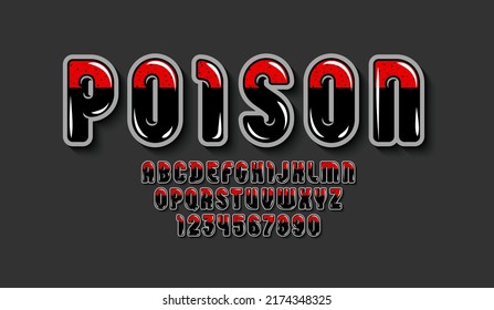 Dark glossy font, alphabet in the cartoon style, rounded letters and numbers, vector illustration 10EPS