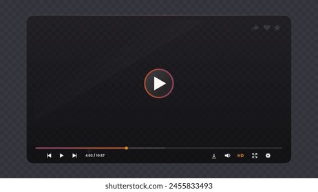 Dark glossy transparent video player interface. Live audio control panel UI, video display vector overlay or web stream player app layout. Online media screen transparent interface