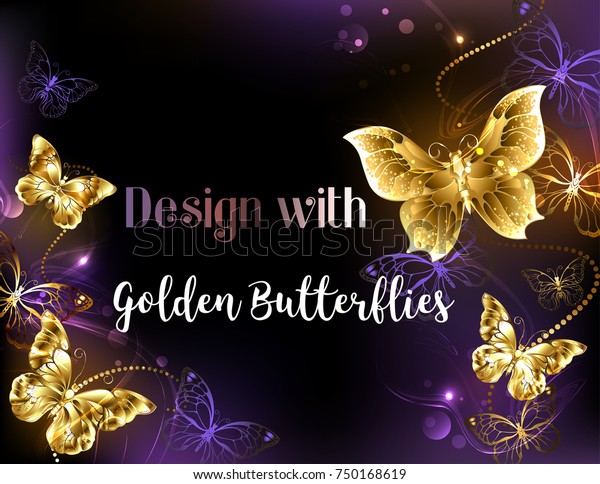 Dark Glowing Background Gold Jeweled Butterflies Stock Vector (Royalty ...