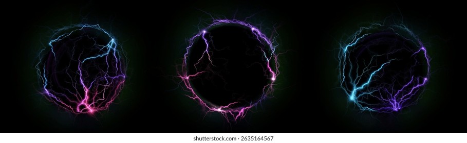 Dark glowing energy spheres with purple and blue lightning and electric arcs. Light effect for user interface elements and illustrations in science fiction, game or fantasy genres.