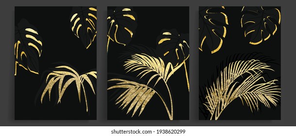 Dark gold abstract art background vector. Palm and Tropical monstera leaves line art with golden texture. Design for luxury wall art for home decor, print,cover and wallpaper 
