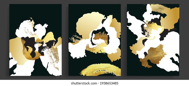 Fondo de arte abstracto de oro oscuro con flores orquídeas. Diseño de papel pintado dorado y de lujo para impresiones, cubierta y decoración en casa.