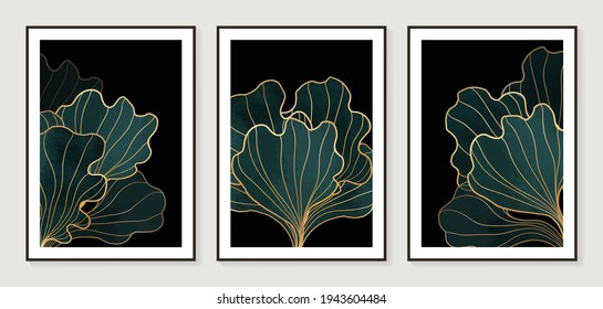 Dark Gold Abstract art background vector. Modern Ginkgo leaves line art wallpaper.  Minimalist hand painted illustrations with watercolor stain texture for home deco, wall art.