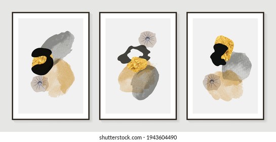 Dark Gold Abstract art background vector. Modern Nature shape line art wallpaper.  Minimalist hand painted illustrations with watercolor stain texture for home deco, wall art.