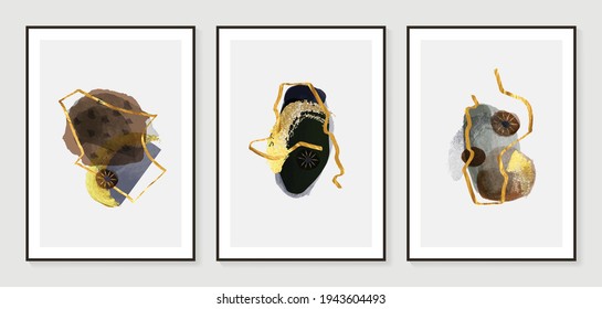 Dark Gold Abstract art background vector. Modern Nature shape line art wallpaper.  Minimalist hand painted illustrations with watercolor stain texture for home deco, wall art.