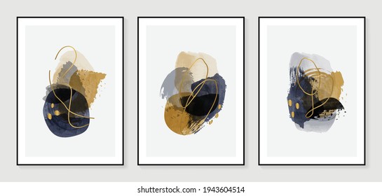 Dark Gold Abstract Art Background Vector. Modern Nature Shape Line Art Wallpaper.  Minimalist Hand Painted Illustrations With Watercolor Stain Texture For Home Deco, Wall Art.