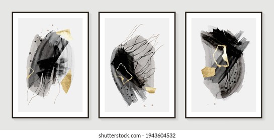 Dark Gold Abstract art background vector. Modern Nature shape line art wallpaper.  Minimalist hand painted illustrations with watercolor stain texture for home deco, wall art.