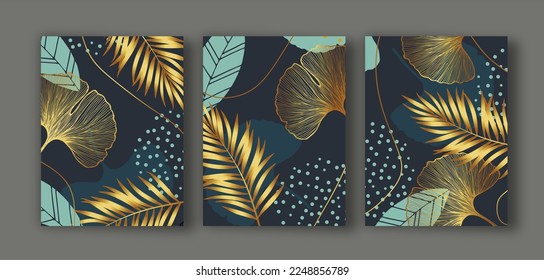 Dark gold abstract art background vector. Modern ginkgo and palm leaves line art wallpaper.  Minimalist hand painted illustrations for home deco, wall art.