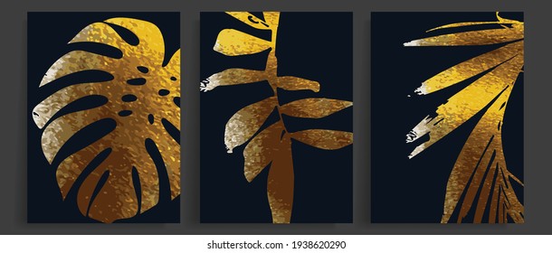 Dark gold abstract art vector backgrounds. Palm and Tropical monstera leaves line art with golden texture. Design for luxury wall art for home decor, print, cover and wallpaper 