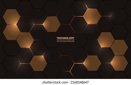 Dark gold and brown hexagonal technology vector abstract background. Dark gold bright energy flashes under hexagon in modern technology futuristic background honeycomb vector illustration.