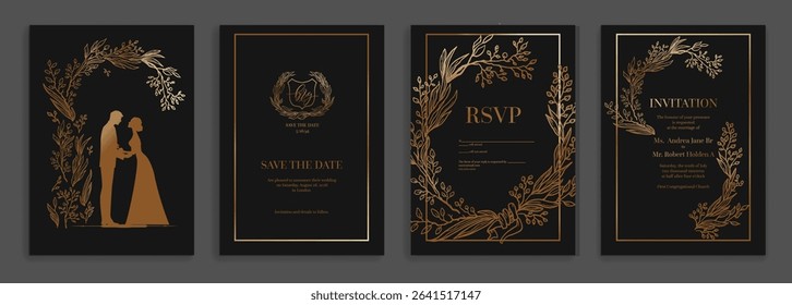 Dark and gold elegant set of wedding stationery ornamental cards concept. Elegant invitation wedding template. Luxury floral design