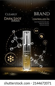 Dark gold essence ads. Skin care with gold light glitter effect and spray bottle, 3d illustration