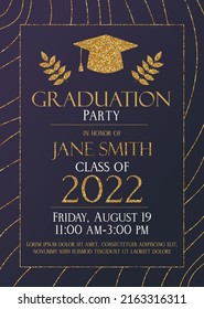 Dark with gold glitter Graduation party 2022 invitation card.