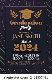 Dark with gold glitter Graduation party 2024 invitation card. Stock vector illustration.