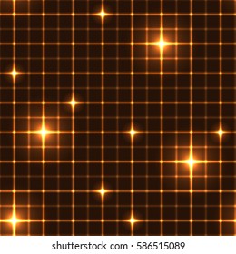 Dark gold grid with shining points. Laser net with glow intersects on golden dark background. Seamless pattern with yellow neon regular lines and light cross.