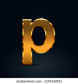 Dark gold letter P lowercase. Vector font isolated on black background