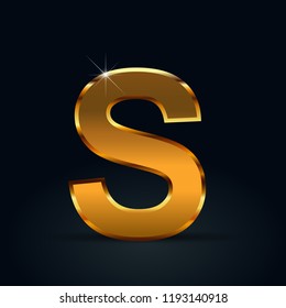 Dark gold letter S uppercase. Vector font isolated on black background