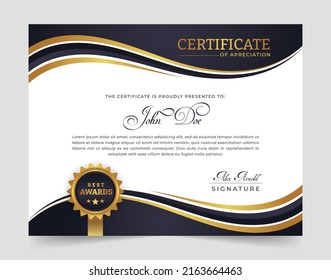 Dark and gold modern certificate of appreciation design. success, award, diploma and graduation template