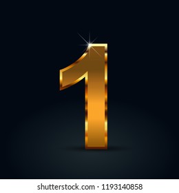 Dark gold number 1. Vector font isolated on black background