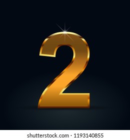 Dark gold number 2. Vector font isolated on black background