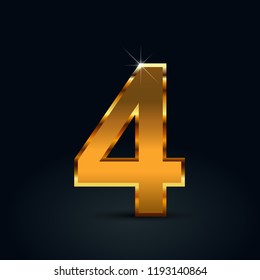 Dark gold number 4. Vector font isolated on black background