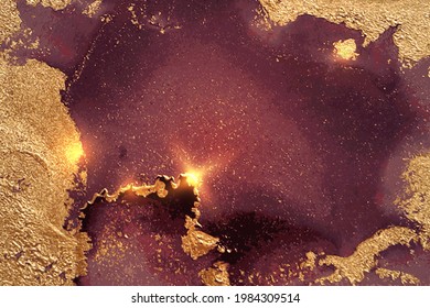 Dark gold, purple and burgundy abstract alcohol ink marble texture. Vector shining background with natural pattern and glitter. Template for banner, poster design. Fluid art painting