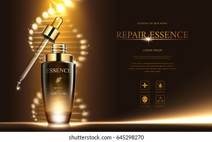 dark gold repair essence with helical structure and droplet bottle, 3d illustration