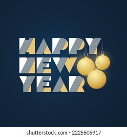 Dark Golden and Blue Retro Style Art Deco Happy New Year Type Script Template, Multipurpose Holiday Greetings Typography Design with Christmas Balls, Globes